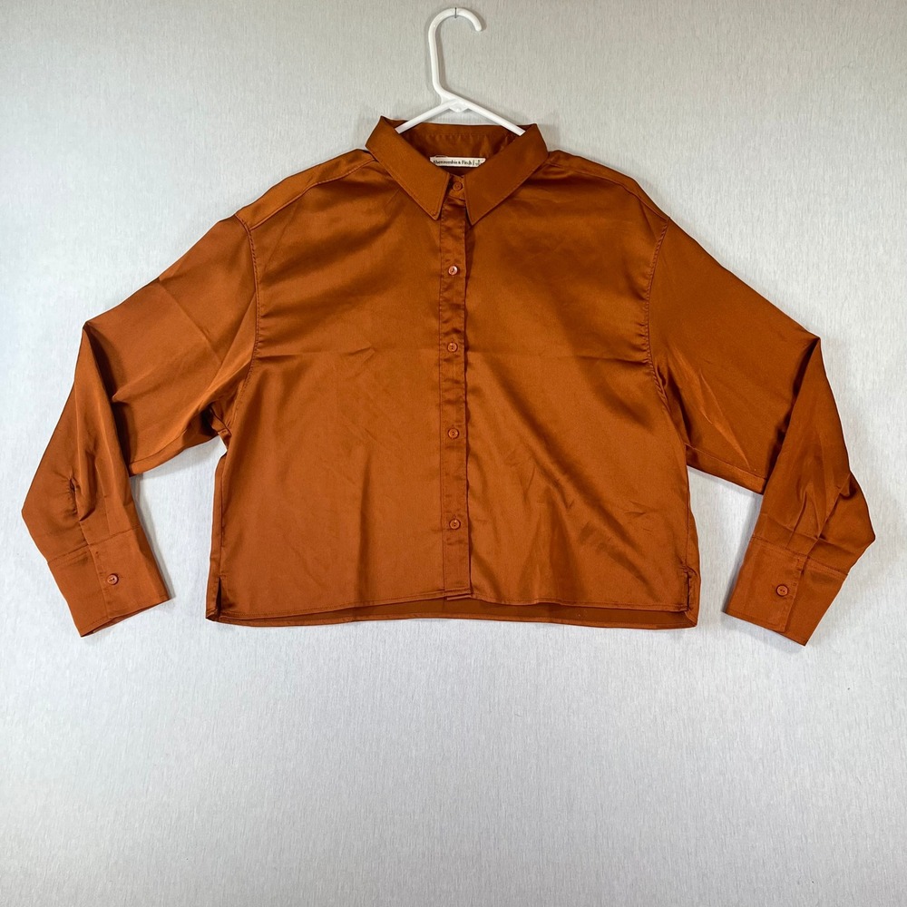 Abercrombie & Fitch Shirt Women S Copper Satin Cropped Button Down Long Sleeve